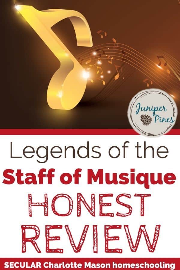 Legends of the Staff of Musique review pinterest with bouncing gold musical note